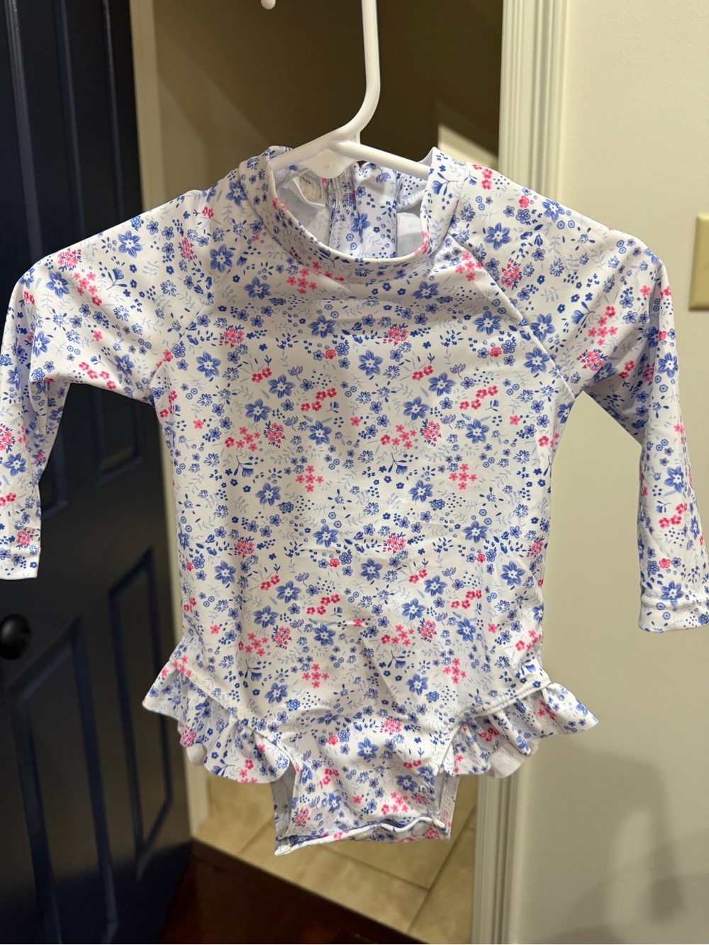 Kids Long-Sleeve Rash Guard Swimsuit - White with Blue & Pink Flowers. Hat too